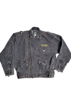 Vintage 90s Lee Denim Motorcycle Jacket Grey Asymmetric Zip Moto Biker Size M